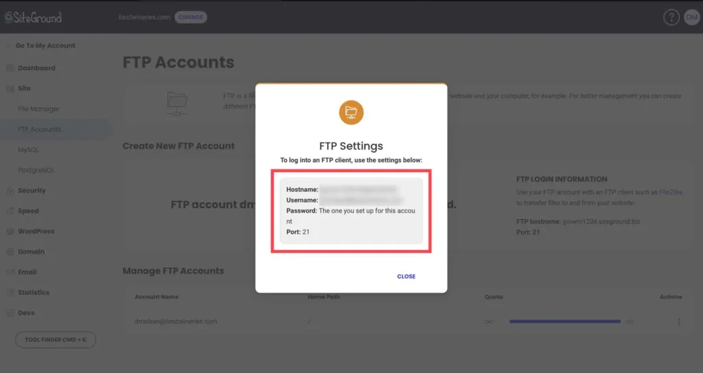 SiteGround FTP Settings
