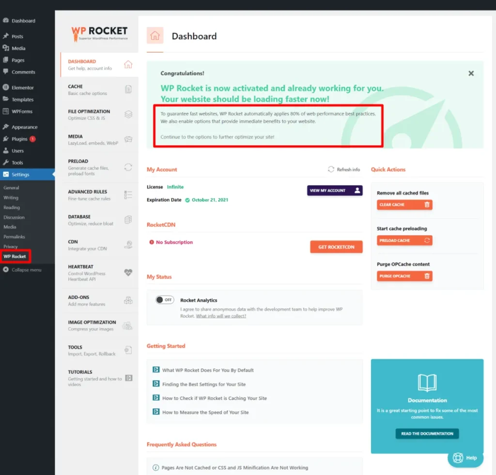 WP Rocket Automatically Activates Core Features