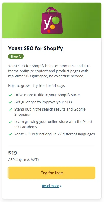Yoast SEO for Shopify price